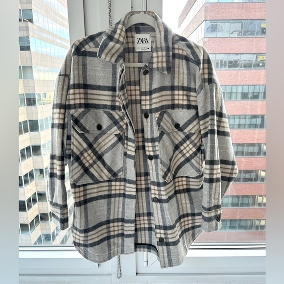 ZARA Oversized Plaid Flannel Button Down Shacket - Picture 1 of 3
